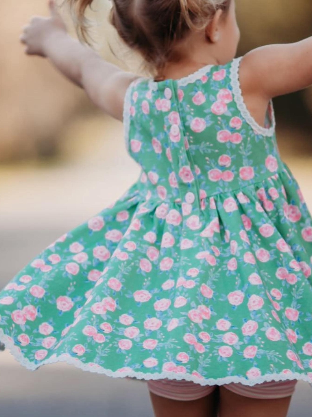 SweetHoney Green Floral Sundress with Pink Roses